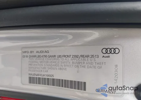 2018 Audi A4 2.0T Premium/2.0T Tech Premium from USA, damaged, VIN WAUENAF43JA164925